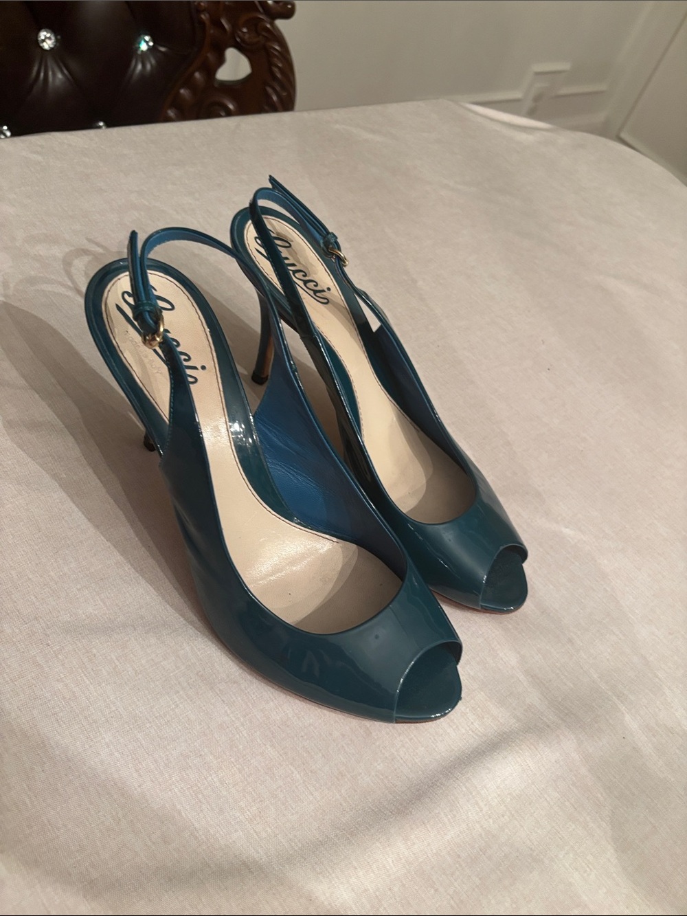 Gucci Teal Patent Peep-Toe Slingback Heels - Picture 3 of 8